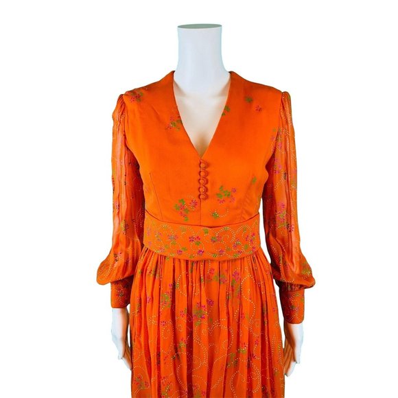 Vintage 1960s Cocktail Dress Orange Sheer Sleeves Hand Painted Floral Dolly - Picture 4 of 10